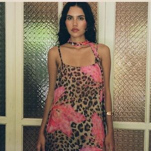 Leopard Print Mini Dress with Pink Floral Accents